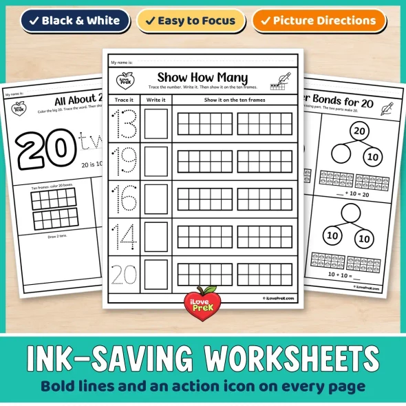 Ink-saving black and white number 20 worksheets with bold lines and an action icon on every page.