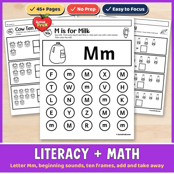 Literacy and math: Letter Mm, beginning sounds, ten frames, add and take away.
