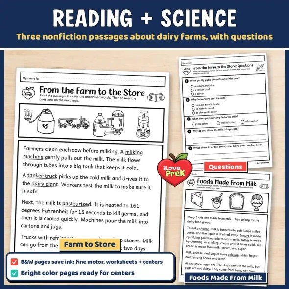 Reading and science: Farm to Store, Questions, Foods Made From Milk. Three nonfiction passages about dairy farms, with questions.