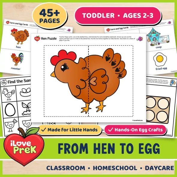 Toddler hen to egg activities for ages 2-3.