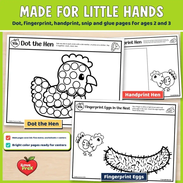 Made for little hands: Dot the Hen, Handprint Hen, Fingerprint Eggs. Dot, fingerprint, handprint, snip and glue pages for ages 2 and 3.