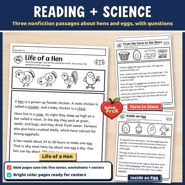 Reading and science: Life of a Hen, Farm to Store, Inside an Egg. Three nonfiction passages about hens and eggs, with questions.
