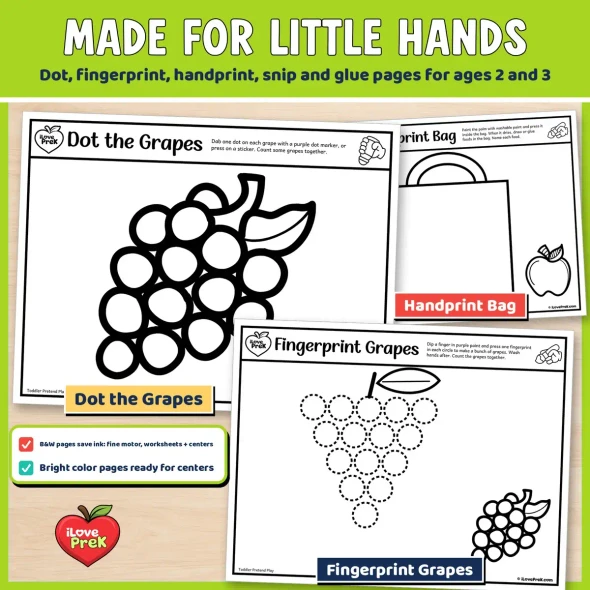 Made for little hands: Dot the Grapes, Handprint Bag, Fingerprint Grapes. Dot, fingerprint, handprint, snip and glue pages for ages 2 and 3.