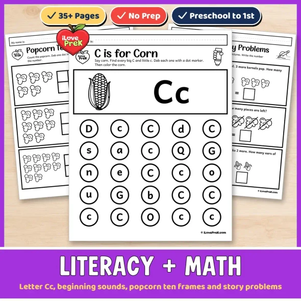 Literacy and math: Letter Cc, beginning sounds, popcorn ten frames and story problems.