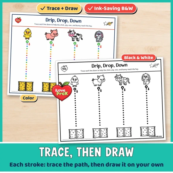 Trace then draw pre-writing worksheet in color and black and white.