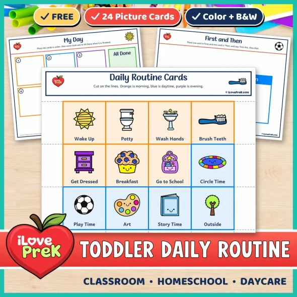 Free toddler visual daily routine with picture cards, My Day board and First Then board.