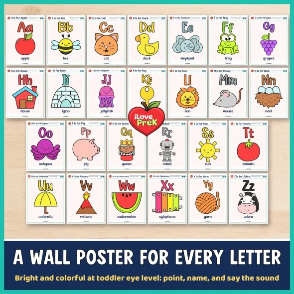 A wall poster for every letter, A to Z, bright and colorful at toddler eye level.
