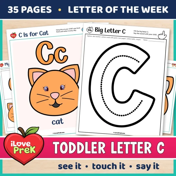 Toddler Letter C of the Week printables, C is for cat, with a color poster and a big letter page.