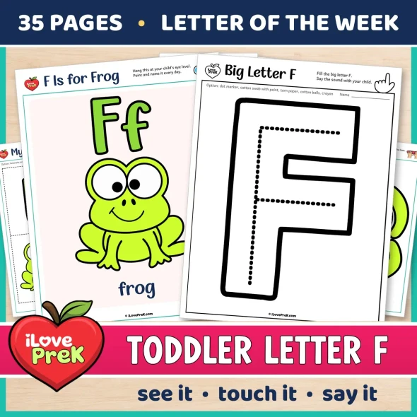 Toddler Letter F of the Week printables, F is for frog, with a color poster and a big letter page.