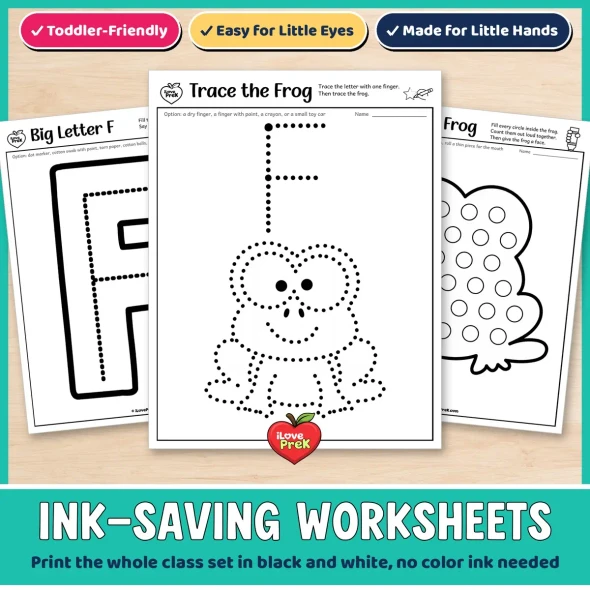 Ink-saving letter F worksheets for toddlers, including Trace the Frog with one finger.