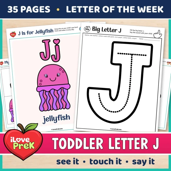 Toddler Letter J of the Week printables, J is for jellyfish, with a color poster and a big letter page.