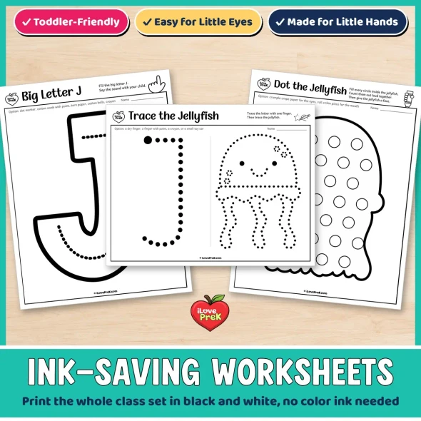Ink-saving letter J worksheets for toddlers, including Trace the Jellyfish with one finger.