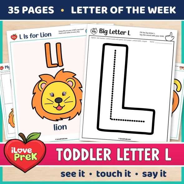 Toddler Letter L of the Week printables, L is for lion, with a color poster and a big letter page.