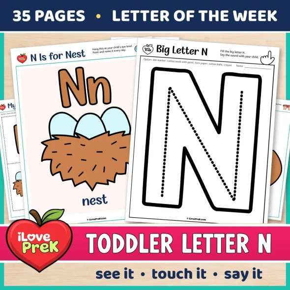 Toddler Letter N of the Week printables, N is for nest, with a color poster and a big letter page.