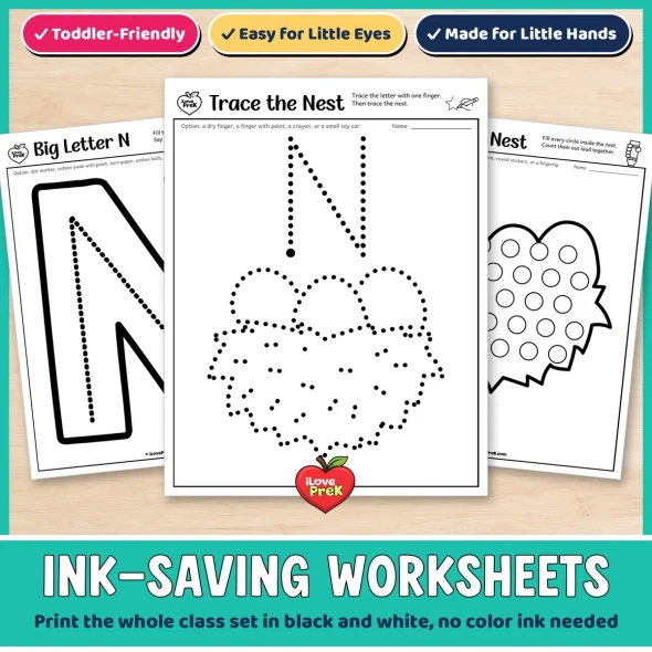 Ink-saving letter N worksheets for toddlers, including Trace the Nest with one finger.