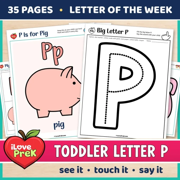 Toddler Letter P of the Week printables, P is for pig, with a color poster and a big letter page.