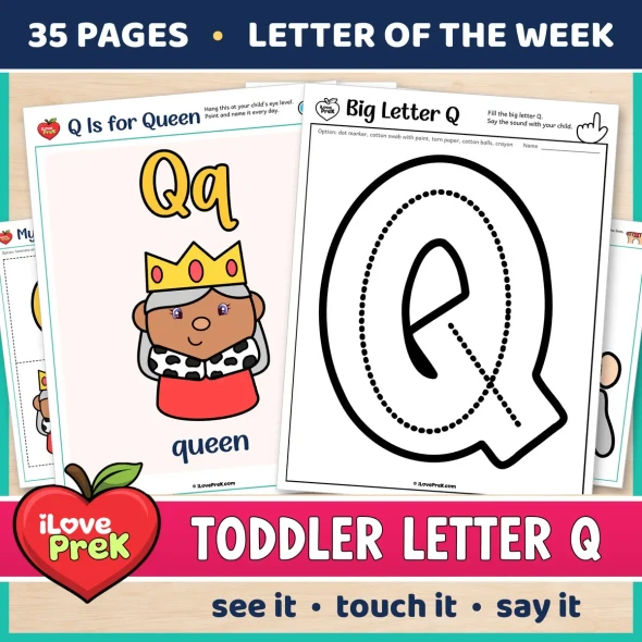 Toddler Letter Q of the Week printables, Q is for queen, with a color poster and a big letter page.