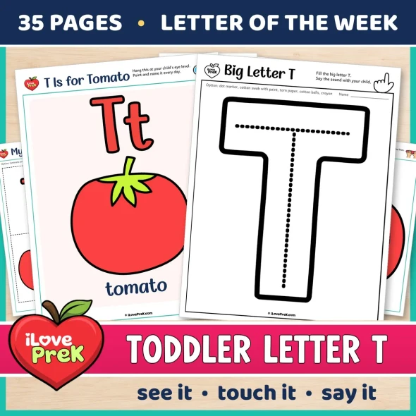 Toddler Letter T of the Week printables, T is for tomato, with a color poster and a big letter page.