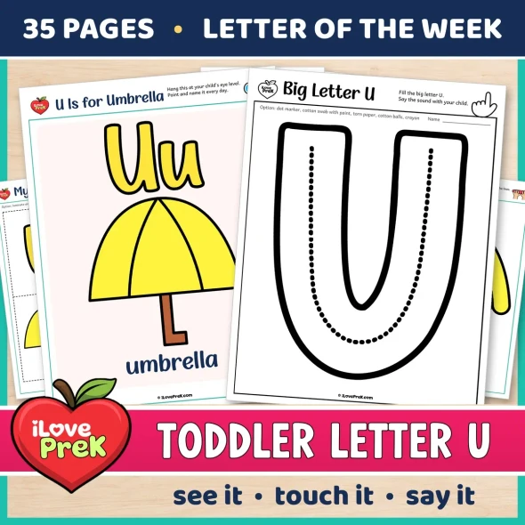 Toddler Letter U of the Week printables, U is for umbrella, with a color poster and a big letter page.