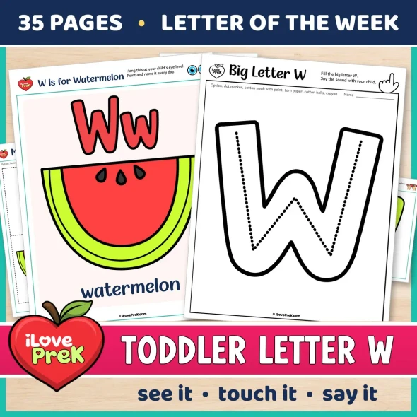 Toddler Letter W of the Week printables, W is for watermelon, with a color poster and a big letter page.