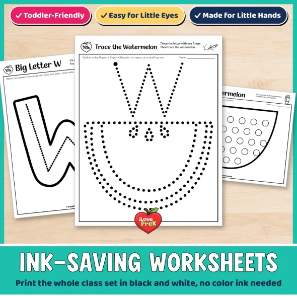 Ink-saving letter W worksheets for toddlers, including Trace the Watermelon with one finger.