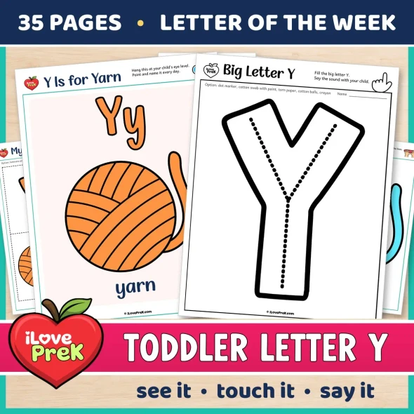 Toddler Letter Y of the Week printables, Y is for yarn, with a color poster and a big letter page.