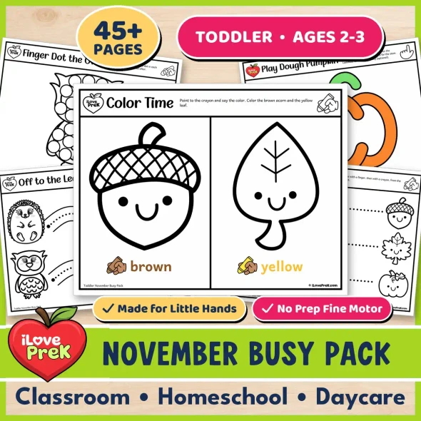 Toddler November Busy Pack with fall fine motor activities for ages 2 to 3.