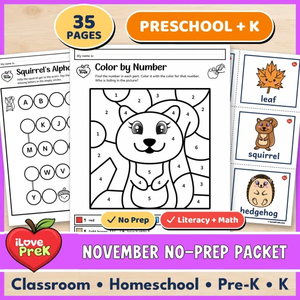 November no prep packet for preschool, pre-K and kindergarten with fall literacy and math.