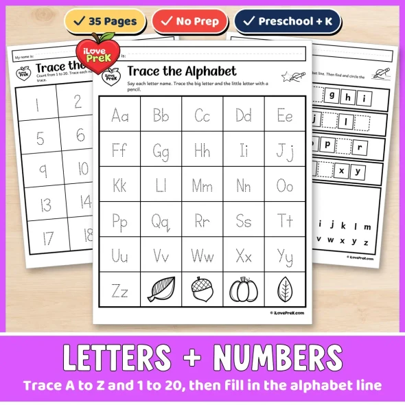 Trace A to Z and 1 to 20, then fill in the fall alphabet line.