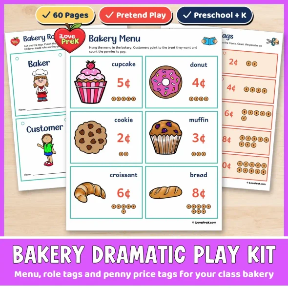 Bakery dramatic play kit: Menu, role tags and penny price tags for your class bakery.