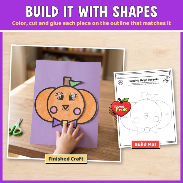 Build it with shapes: the finished pumpkin craft next to its build mat with dashed shape outlines.