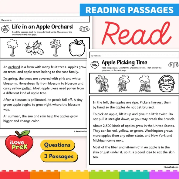 Reading passages Life in an Apple Orchard and Apple Picking Time with comprehension questions.