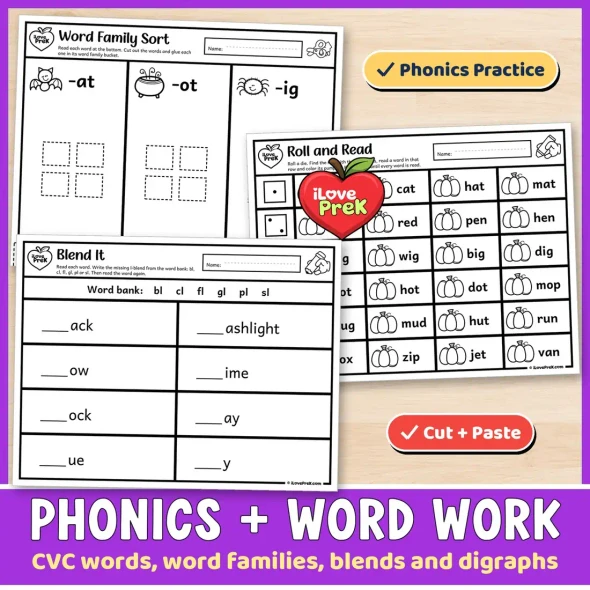 Phonics and word work: word family sort, roll and read and blend it.