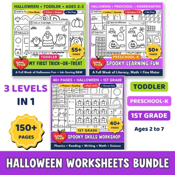 Halloween Worksheets Bundle with 3 levels: Toddler, Preschool to Kindergarten and 1st Grade, 158 pages.