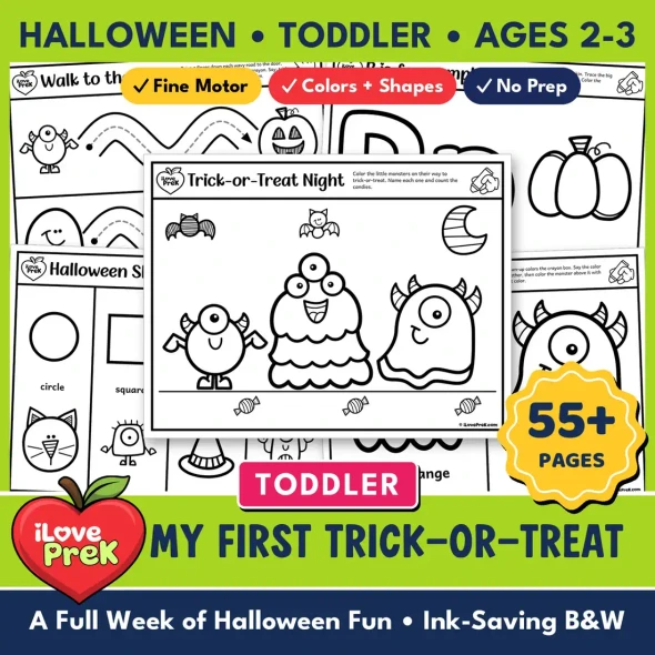 Toddler level: My First Trick-or-Treat Halloween worksheet pack for ages 2 to 3.