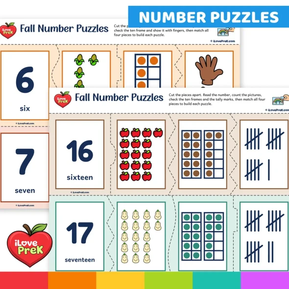 Self-checking Fall number puzzles matching numeral, word, ten frame and tally marks.
