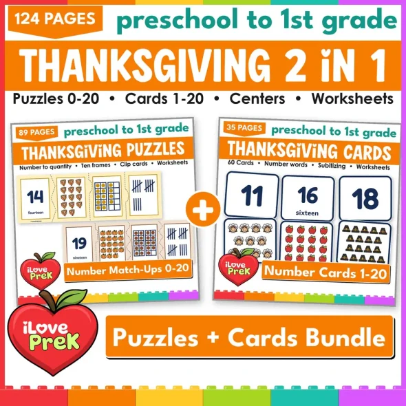 Thanksgiving math centers 0-20 for preschool and kindergarten: number puzzles plus number match-up flash cards.