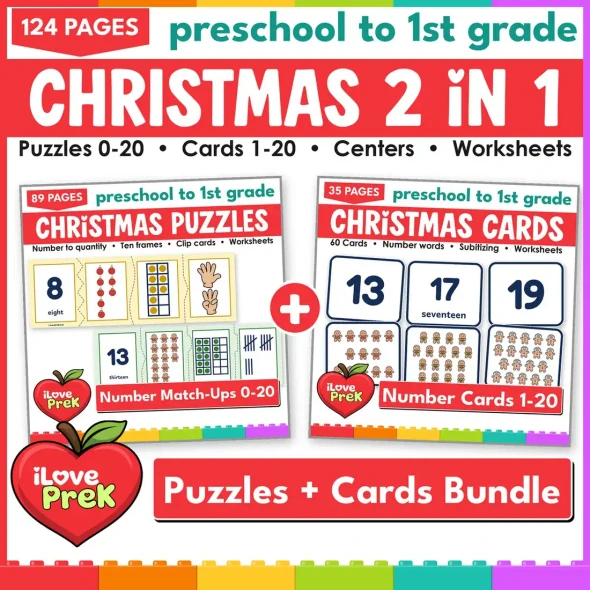 Christmas math centers 0-20 for preschool and kindergarten: number puzzles plus number match-up flash cards.