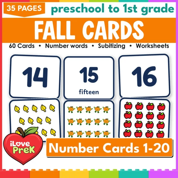 Fall number cards 1-20: 60 subitizing flash cards with numerals, words and pictures.