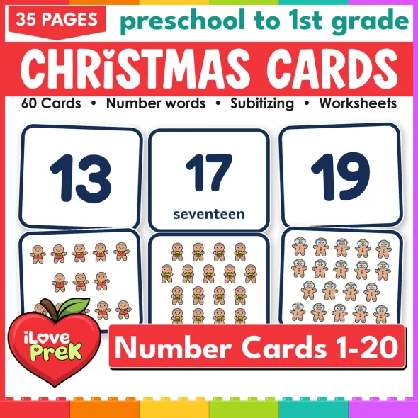 Christmas number cards 1-20: 60 subitizing flash cards with numerals, words and pictures.