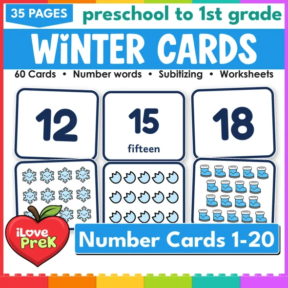 Winter number cards 1-20: 60 subitizing flash cards with numerals, words and pictures.