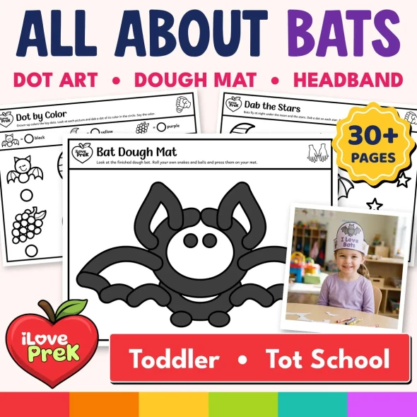 All About Bats activities for toddlers, ages 2 to 3: tot school bat pack with 30+ pages for Bat Week.