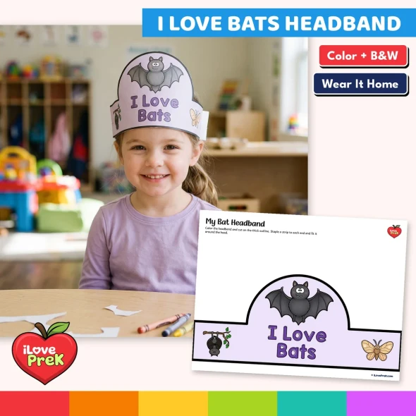 Toddler wearing the I Love Bats headband craft, with the color headband page.