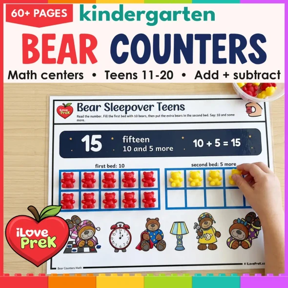 A child places bear counters on a double ten frame mat to show 15 in the kindergarten bear counters set.