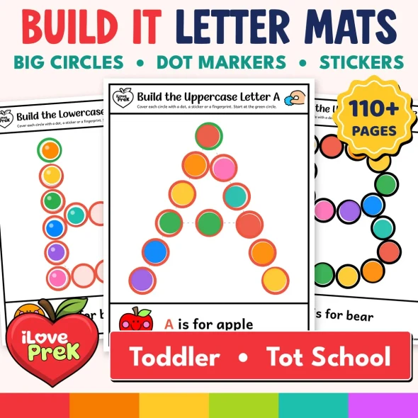 Toddler alphabet letter mats A-Z with big circles for dot markers, stickers and fingerprints.