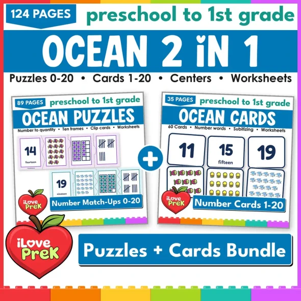 Ocean math centers 0-20 for preschool and kindergarten: number puzzles plus number match-up flash cards.