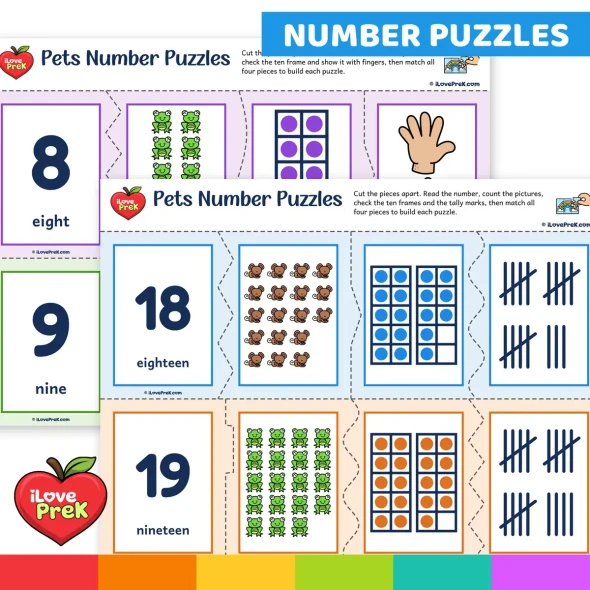 Self-checking Pets number puzzles matching numeral, word, pictures, ten frames and tally marks.