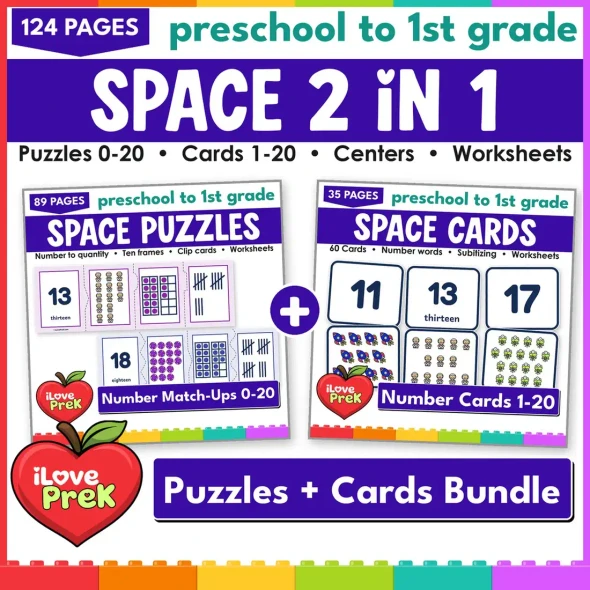 Space math centers 0-20 for preschool and kindergarten: number puzzles plus number match-up flash cards.