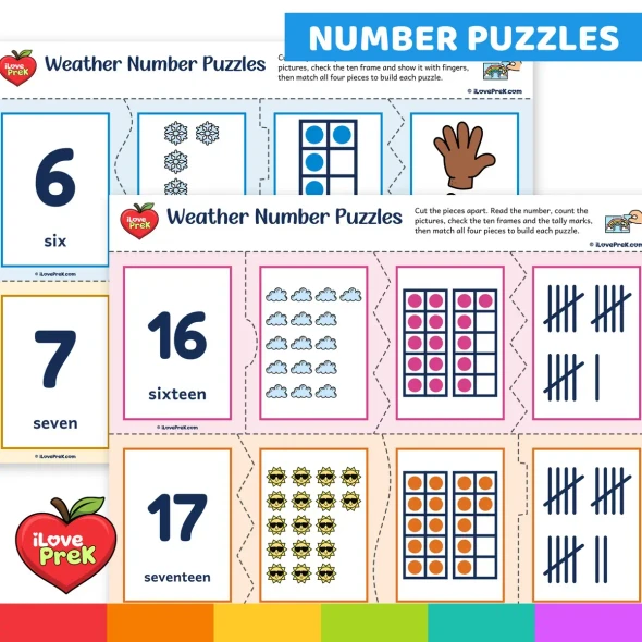 Self-checking Weather number puzzles matching numeral, word, pictures, ten frames and tally marks.