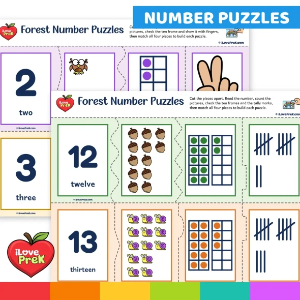 Self-checking Forest number puzzles matching numeral, word, pictures, ten frames and tally marks.